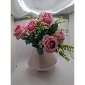 West Elm Diamond Shaped Faceted Porcelain Light Pink Vase With Faux Rose Flower